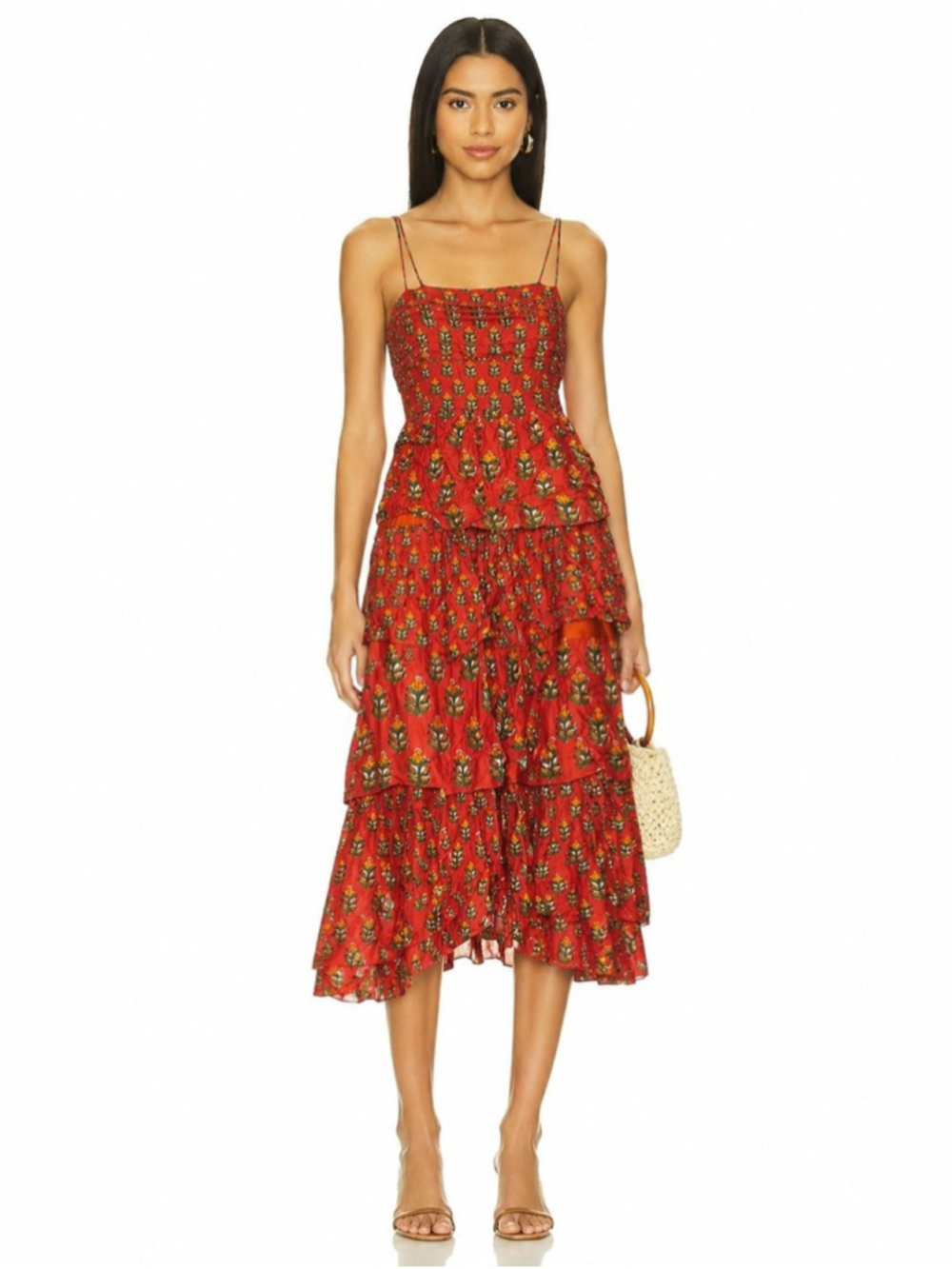 Maxime Zeaberg Toronto Red Floral Tiered Midi Dress Adjustable Back Small Large - Picture 2 of 5